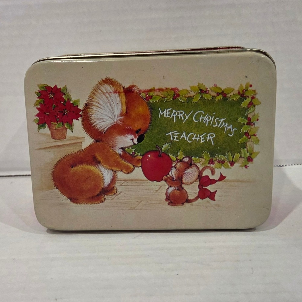 Vintage 1980 Enesco Merry Christmas Teacher Tin Morgan Inc Bear Mouse Apple Red